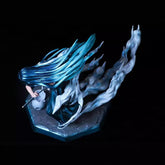 The Seakoff Muichiro Tokito Demon Slayer Figure features captivating long blue hair and stands on a hexagonal base. It includes a circular object, surrounded by swirling translucent shapes that mimic Mist Breathing techniques.