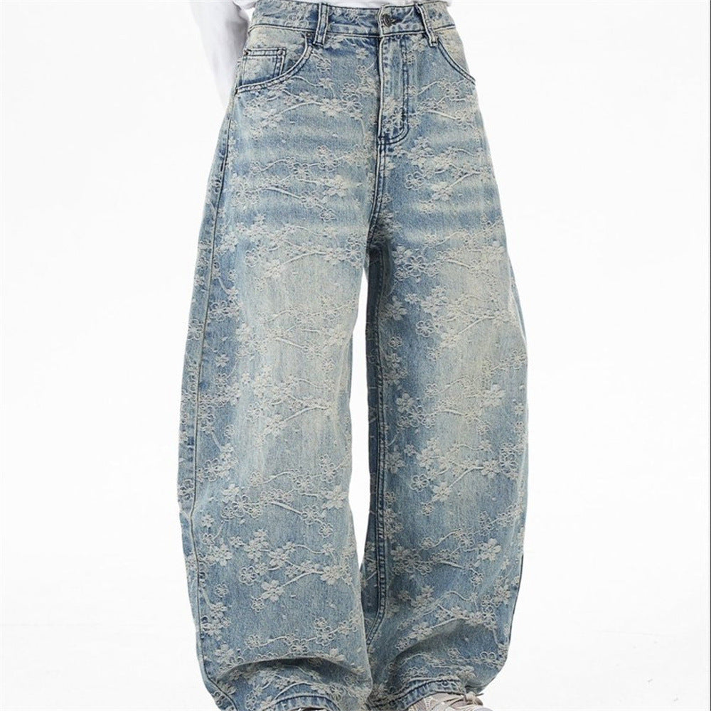 Loose Fit Wide-Leg Jeans – Floral Lace Embroidery, Washed Light Blue Denim