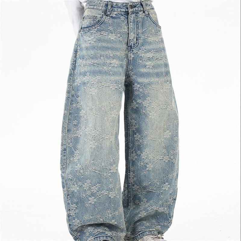 Loose Fit Wide-Leg Jeans – Floral Lace Embroidery, Washed Light Blue Denim