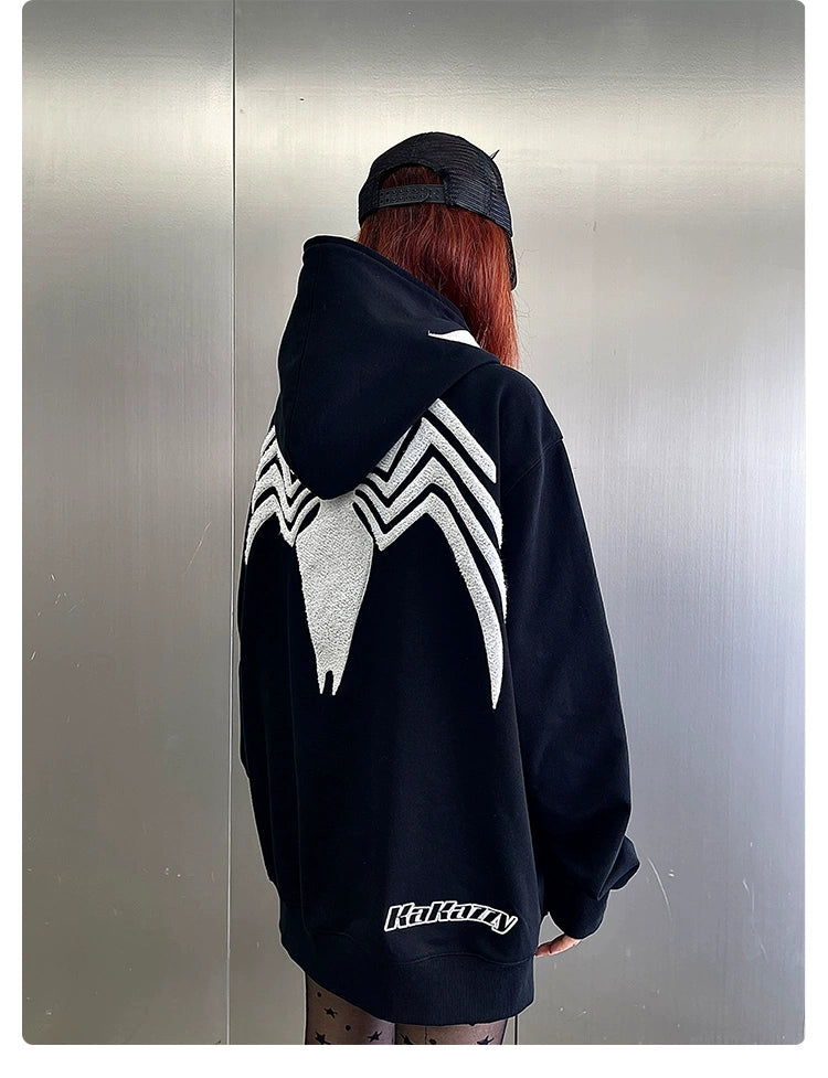 Venom Spider Hoodie - 400GSM Oversized Black and White Zip-Up Sweatshirt for Superhero Fans