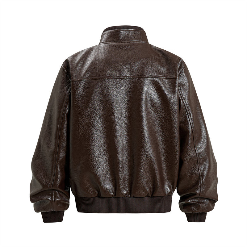Men's Vintage Leather Bomber Jacket – Stand Collar PU Leather with Snap Buttons