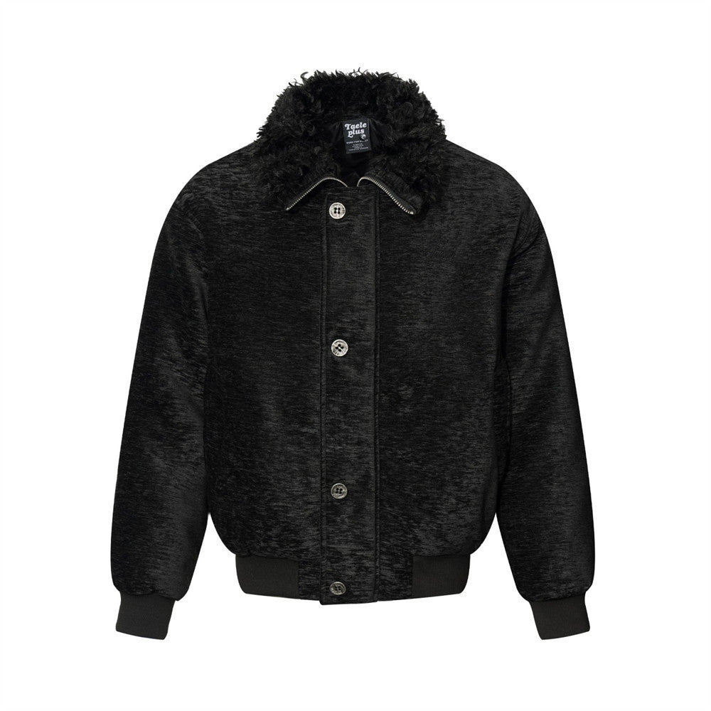 Men's Black Faux Fur Collar Bomber Jacket – Oversized Streetwear Baseball Coat