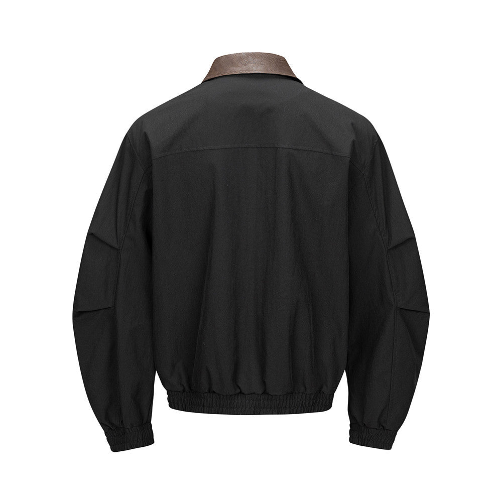 Men's Pleated Bomber Jacket with PU Leather Collar — Relaxed Fit Workwear Flight