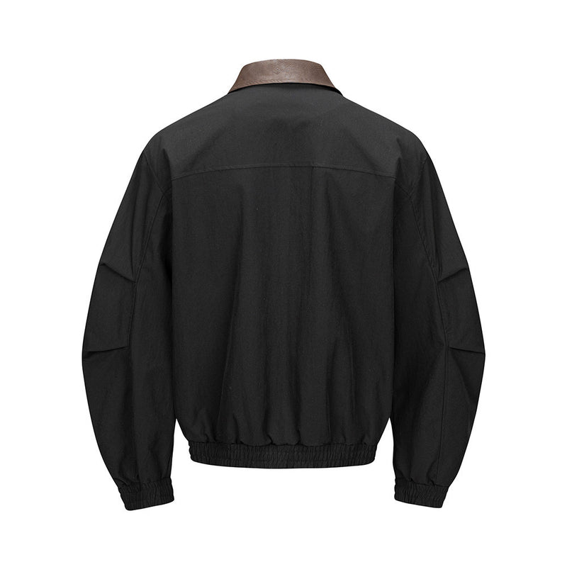 Men's Pleated Bomber Jacket with PU Leather Collar — Relaxed Fit Workwear Flight
