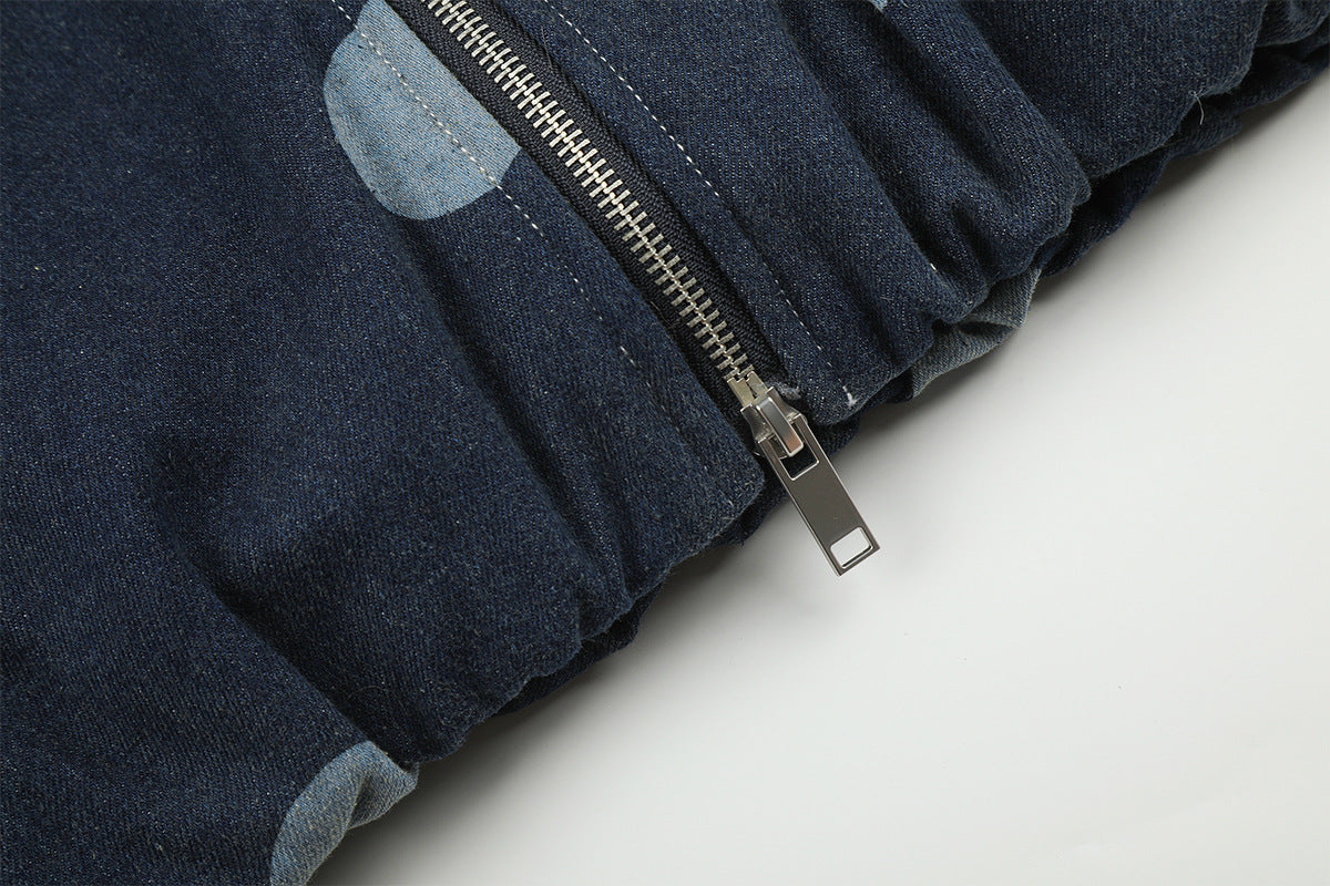 Polka Dot Denim Hooded Jacket with Sherpa Lining