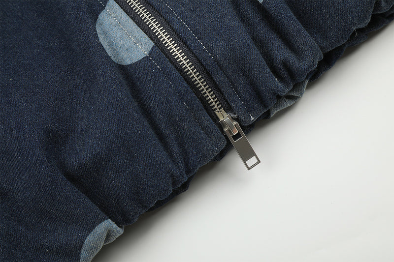 Polka Dot Denim Hooded Jacket with Sherpa Lining
