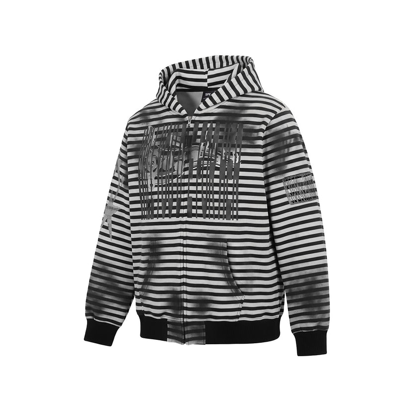 Striped Zip-Up Hoodie – Distressed Dark Streetwear with Music Graphic Print