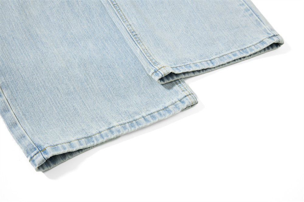 Wide-Leg Washed Denim Jeans with Cross Star Embroidery & Rhinestone Pocket