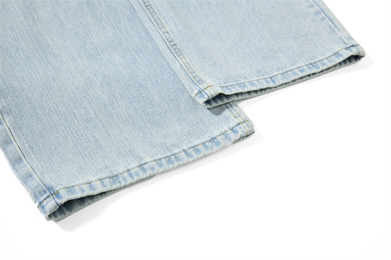 Wide-Leg Washed Denim Jeans with Cross Star Embroidery & Rhinestone Pocket