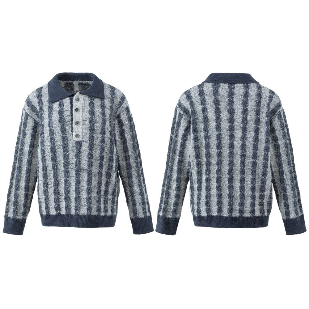 Men's Long Sleeve Sweater Polo – Vertical Stripe Half-Button Knit
