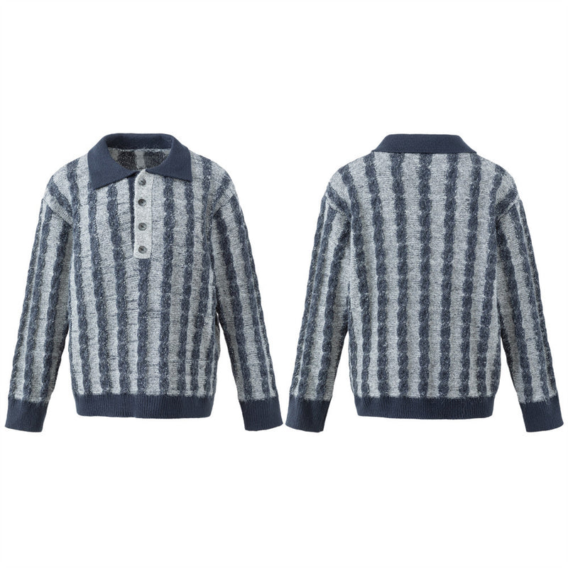 Men's Long Sleeve Sweater Polo – Vertical Stripe Half-Button Knit