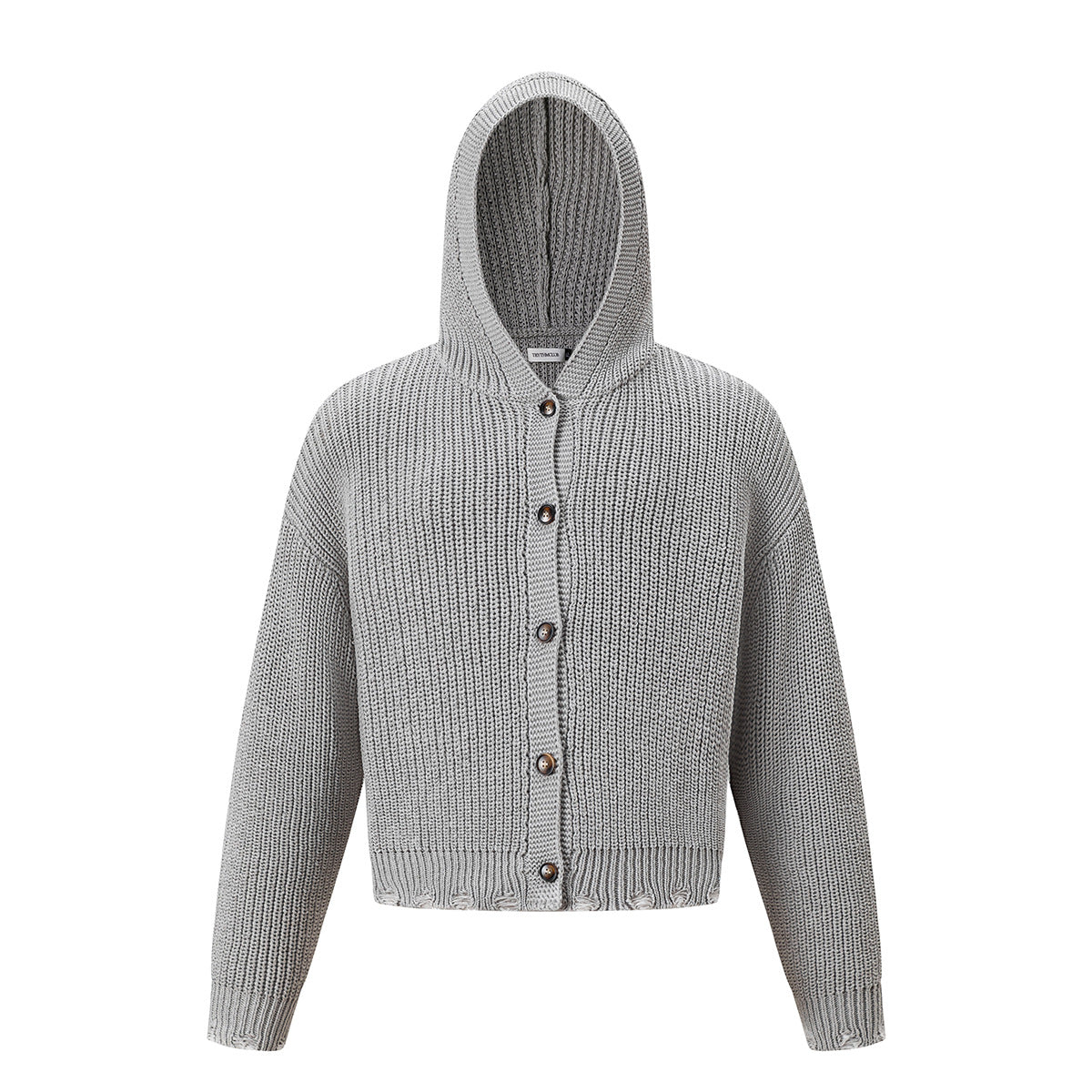 Chunky ribbed hooded knit button cardigan with distressed hem in teal blue and grey, relaxed boxy fit