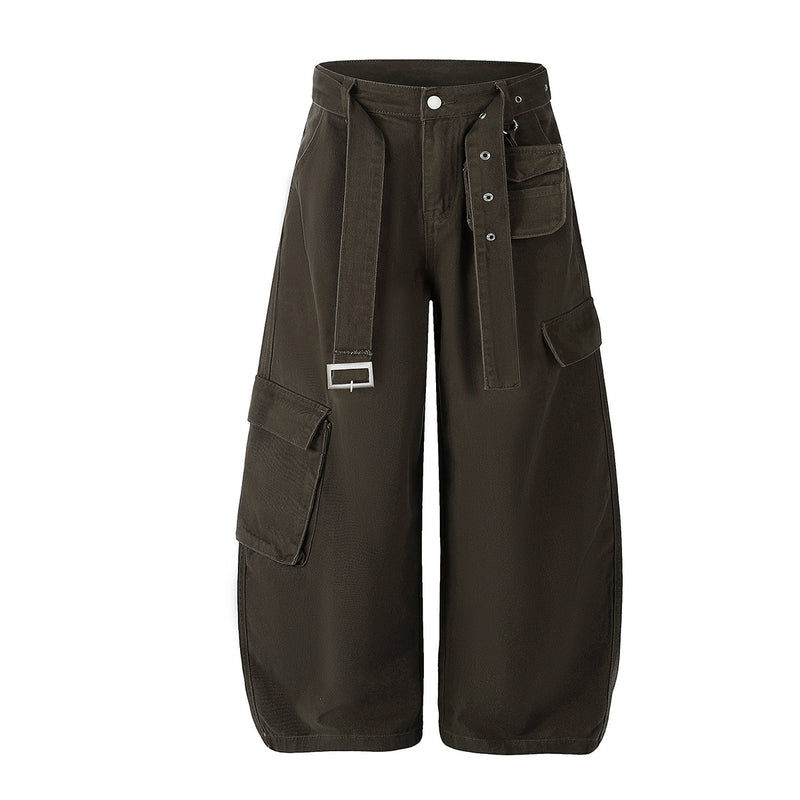 Wide-Leg Cargo Pants with Belt — Multi-Pocket Relaxed Fit