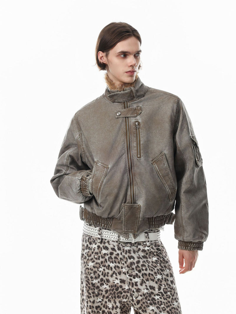 Vintage Washed Bomber Jacket with Faux Fur Collar — Oversized Padded Flight