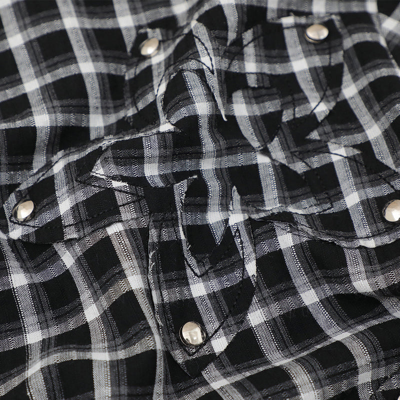 Plaid Long Sleeve Shirt – Oversized Fit with Raw-Edge Appliqué Detail