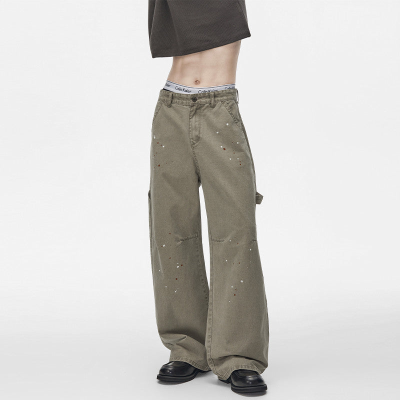 Wide-Leg Cargo Pants – Paint Splatter Washed Army Green Straight Fit
