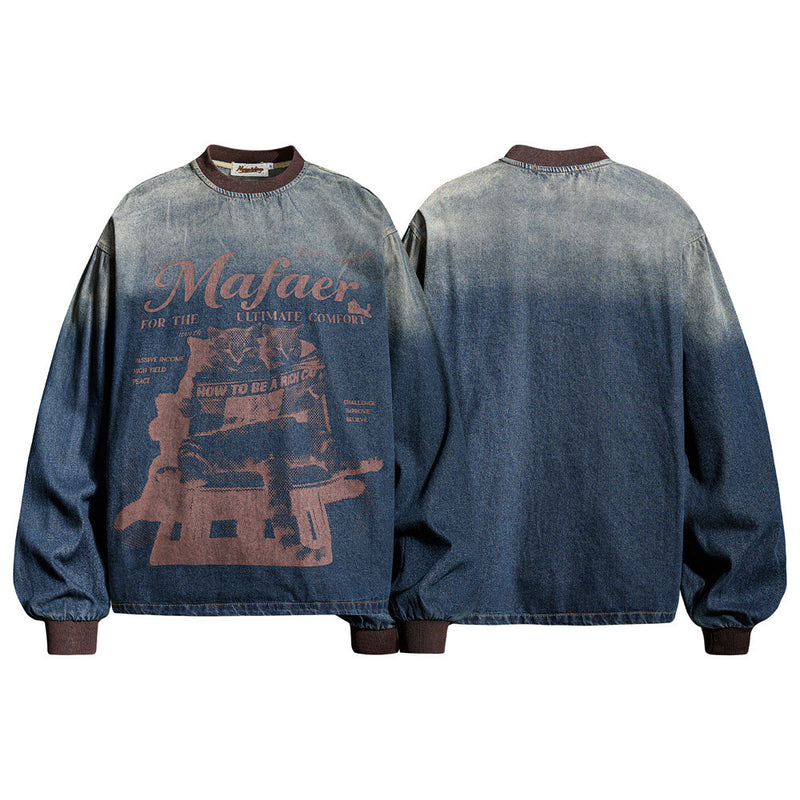 Oversized Vintage Washed Denim Crewneck Sweatshirt – Tie-Dye Fade Graphic Print