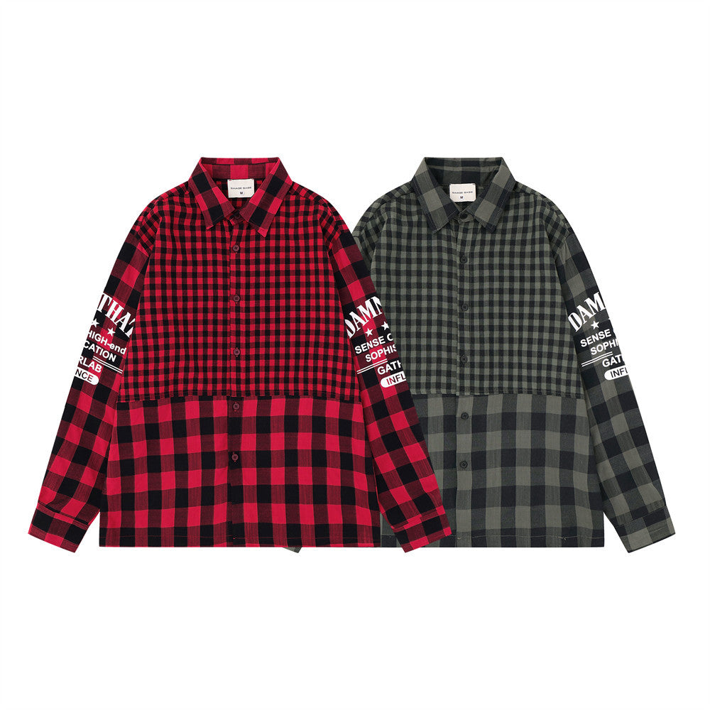 Men's Plaid Long-Sleeve Shirt – Oversized Fit with Graphic Sleeve Print