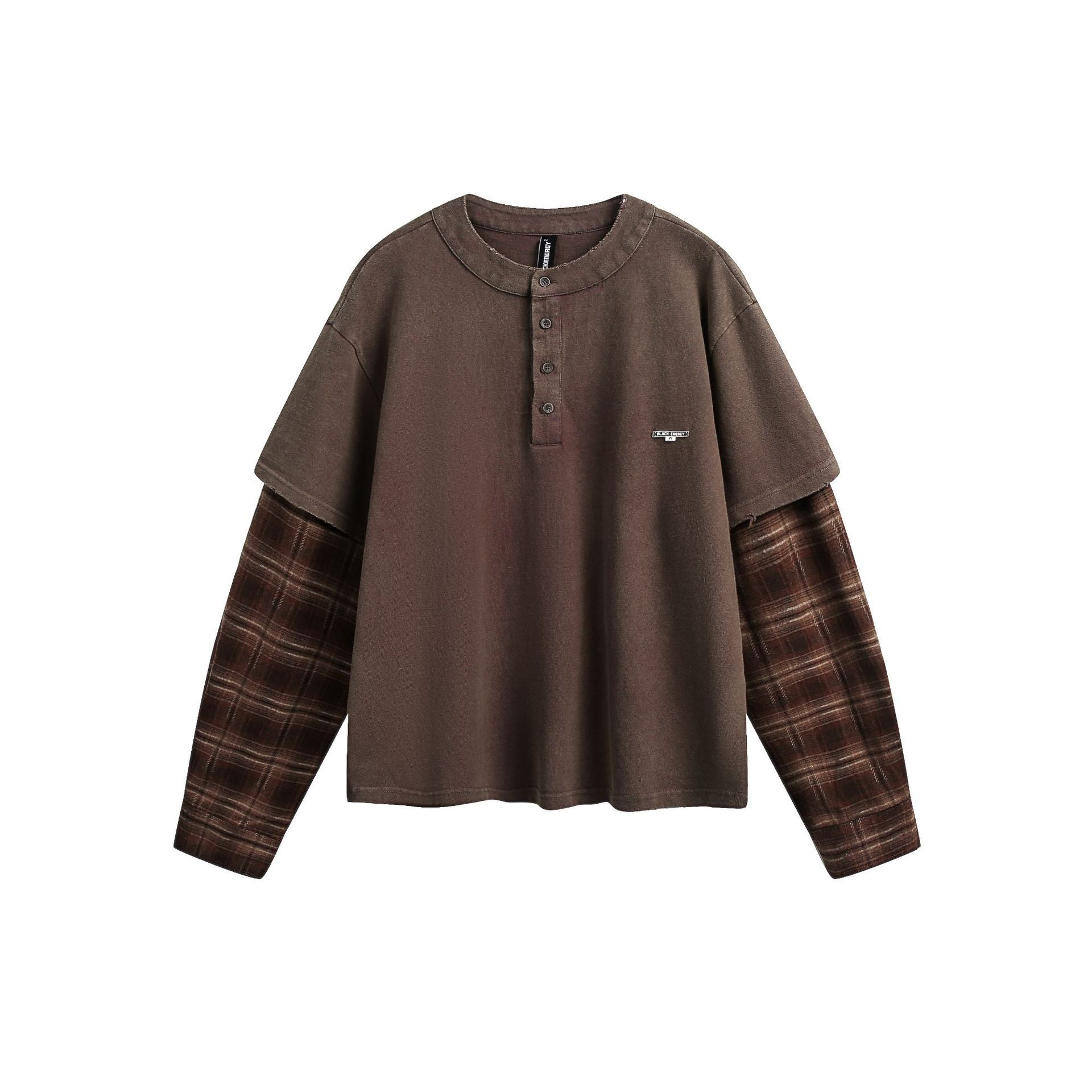T-shirt Henley manches longues à effet superposé, à carreaux et délavé – Chemise streetwear oversize