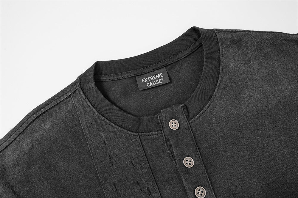 Chemise Henley manches longues patchwork à carreaux pour homme – Délavée et usée, façon