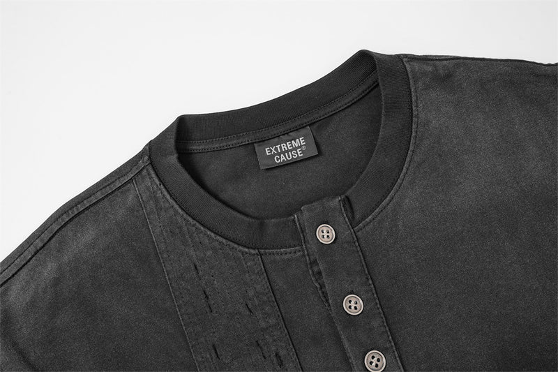 Chemise Henley manches longues patchwork à carreaux pour homme – Délavée et usée, façon