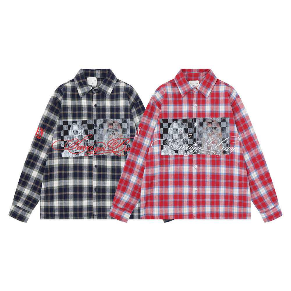 Plaid Flannel Shirt Men's Streetwear Checkerboard Graphic Print Oversized