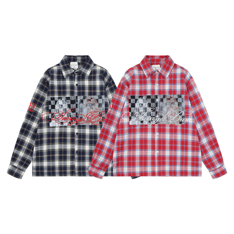 Plaid Flannel Shirt Men's Streetwear Checkerboard Graphic Print Oversized