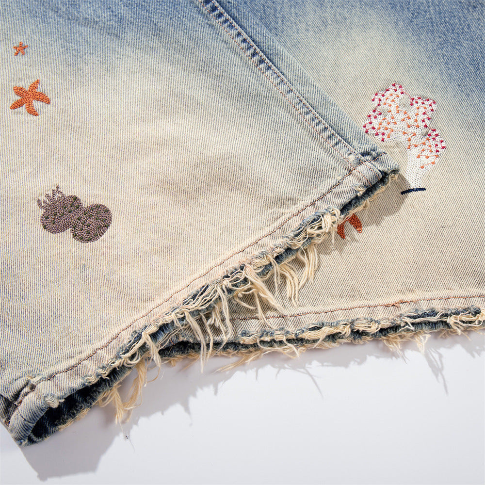 Wide-Leg Jeans with Ocean Embroidery & Gradient Wash