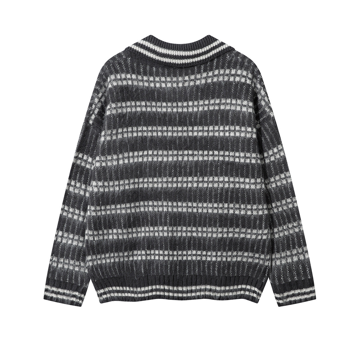 Striped Knit Sweater with Polo Collar – Oversized Fuzzy Texture