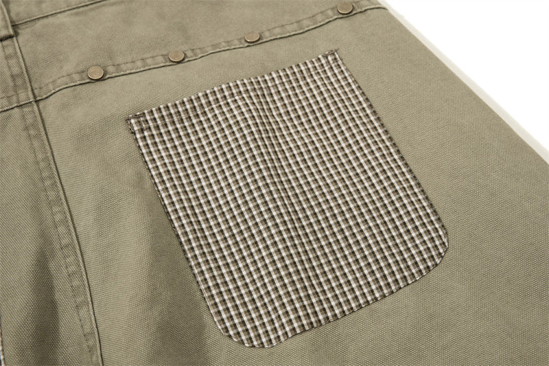 Wide-Leg Cargo Pants – Star Patch, Plaid Detail & Multi-Pocket Baggy Fit
