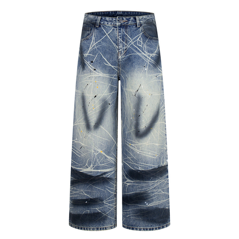 Wide-Leg Jeans with Paint Splatter & Distressed Scratch Print — Grunge Baggy Fit
