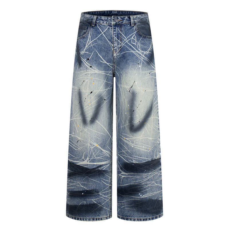 Wide-Leg Jeans with Paint Splatter & Distressed Scratch Print — Grunge Baggy Fit