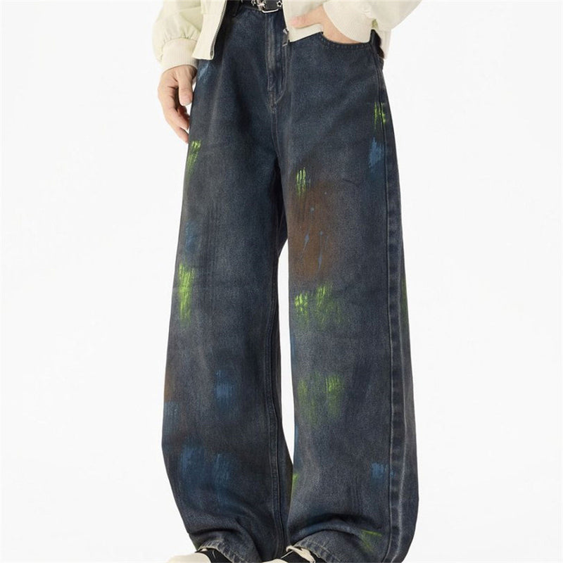 Baggy Paint Splatter Jeans Men – Wide Leg Grunge Denim Straight Pants