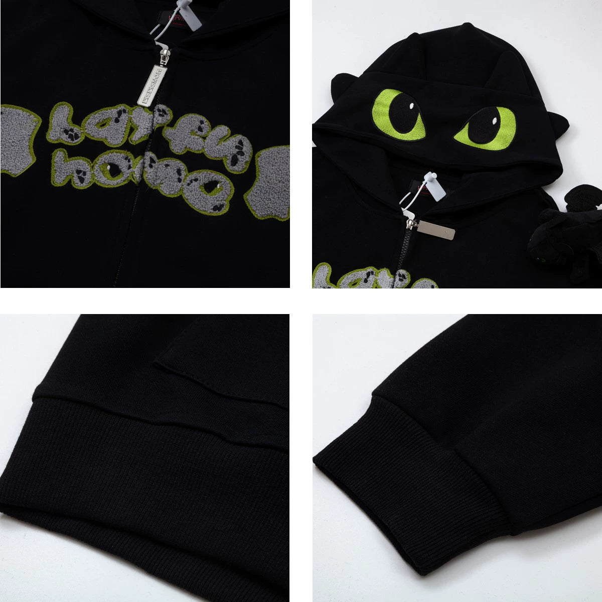 Cute Night Fury Dragon Hoodie – Anime-Inspired Full Zip Hoodie with 3D Ears &amp; Toy Accessory