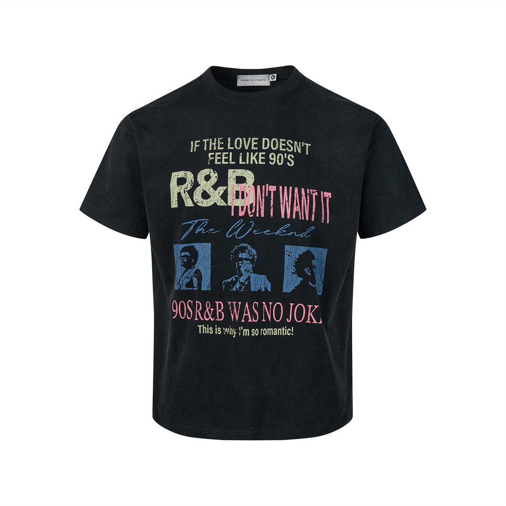Washed black short sleeve T-shirt with distressed 90s R&B vintage graphic print on the front