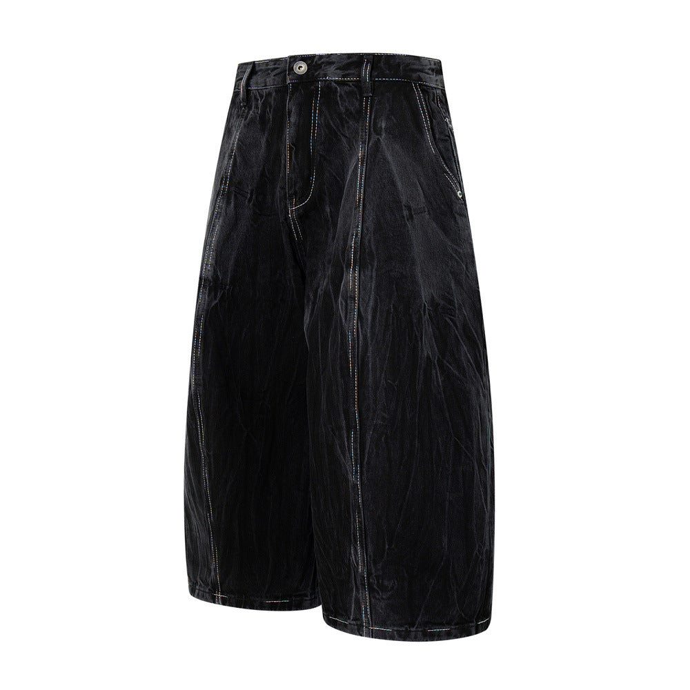 Crinkle-Washed Black Denim Shorts – Wide Leg Streetwear Fit