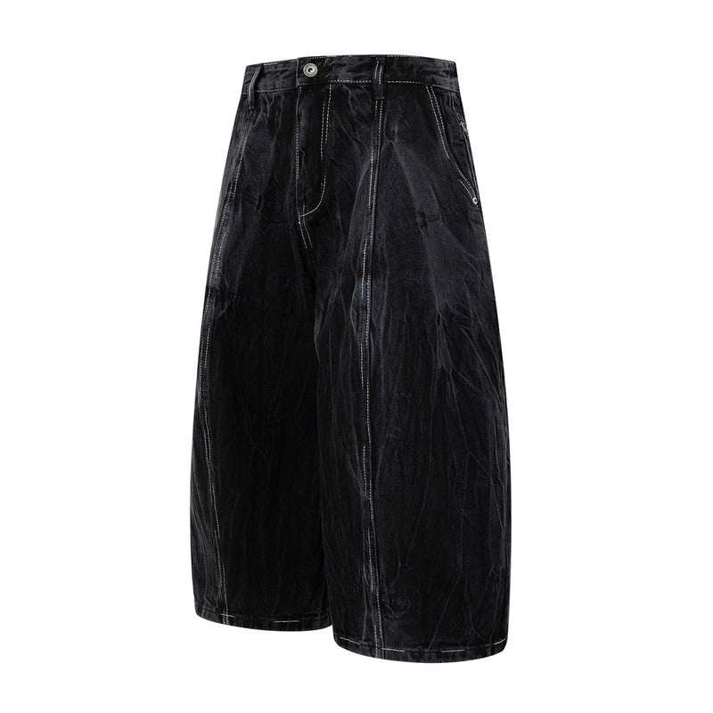 Crinkle-Washed Black Denim Shorts – Wide Leg Streetwear Fit