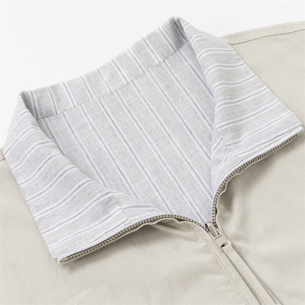 Reversible Stand Collar Zip Jacket – Cream & Pinstripe Oversized Fit