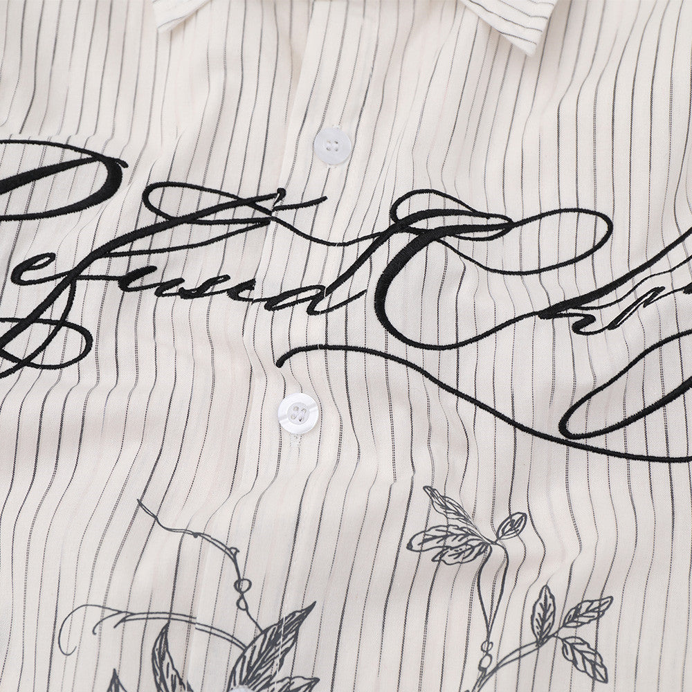 Striped Long Sleeve Shirt Men — Botanical Line Art Print, Relaxed Fit
