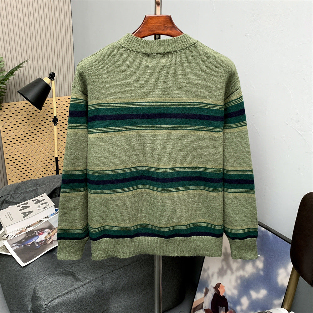 Striped Crew Neck Sweater – Relaxed Fit Color-Block Knit Pullover