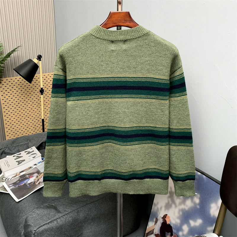 Striped Crew Neck Sweater – Relaxed Fit Color-Block Knit Pullover