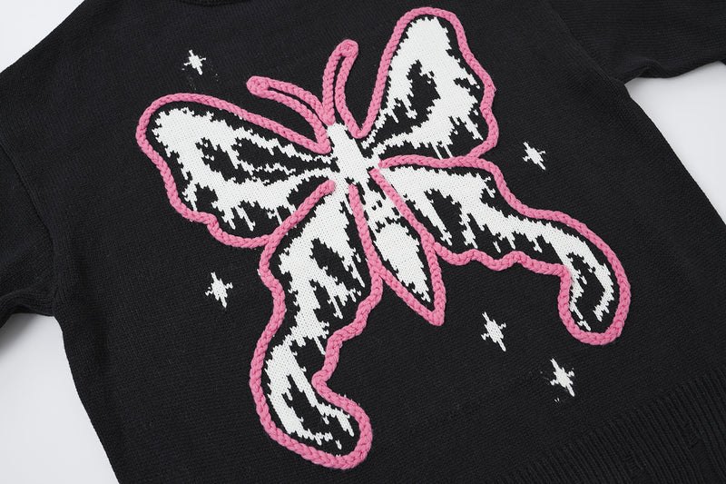 Pull en maille jacquard papillon – Col rond oversize avec broderie rose façon corde