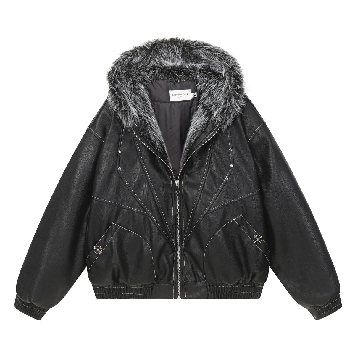 Faux Leather Hooded Bomber Jacket with Faux Fur Collar & Padded Lining