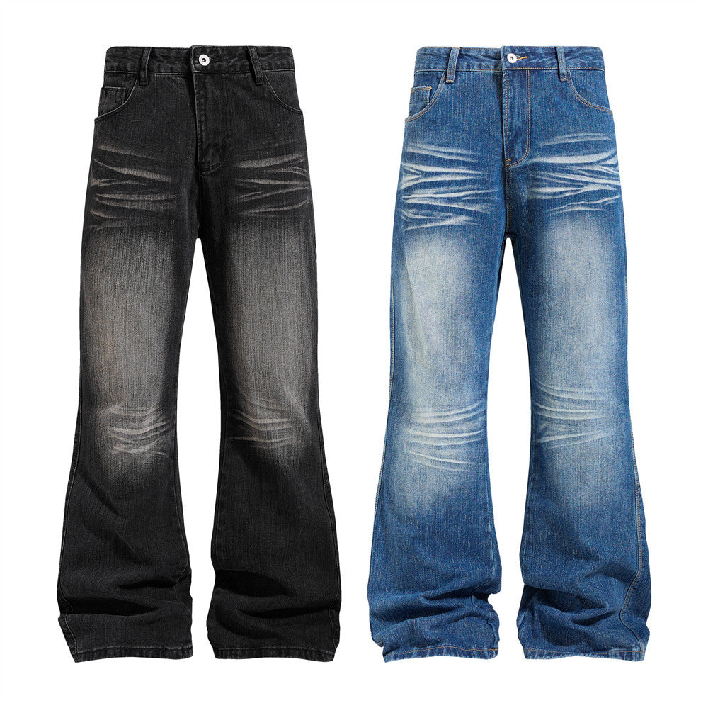 Men's Washed Distressed Flare Jeans – Wide Leg Relaxed Fit Denim
