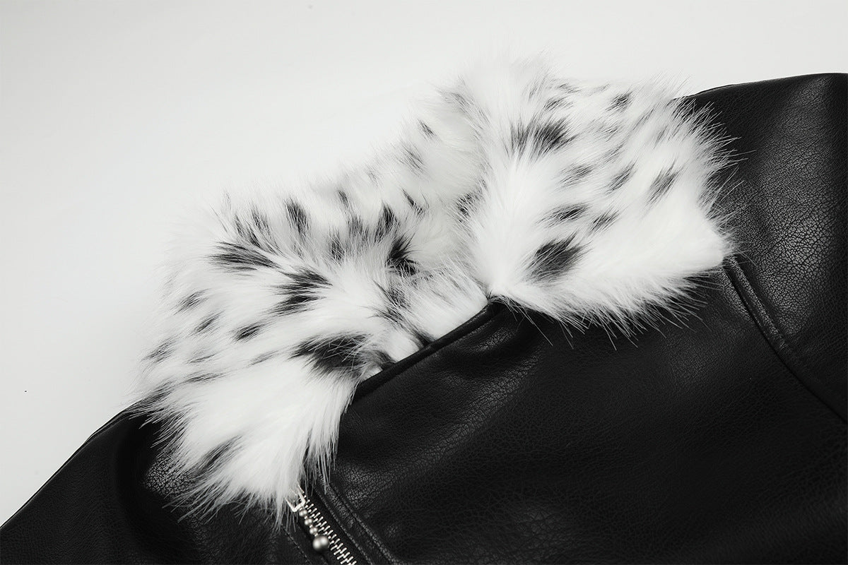 Black Faux Leather Bomber Jacket with Spotted Faux Fur Collar