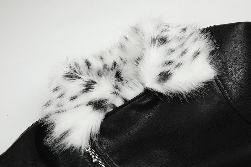 Black Faux Leather Bomber Jacket with Spotted Faux Fur Collar