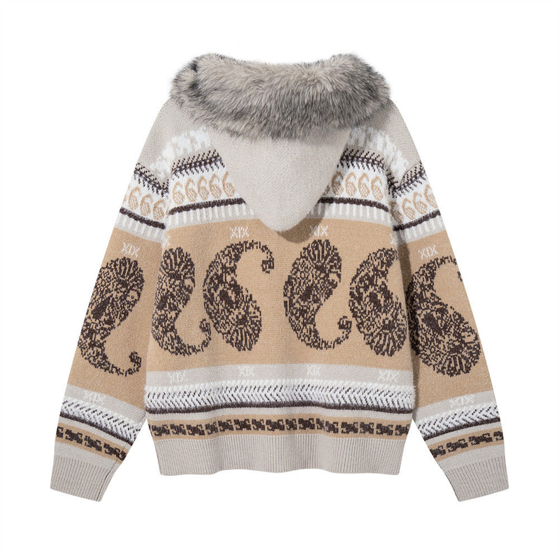 Jacquard-Strick-Cardigan mit Reißverschluss, Kapuze und Kunstfellkragen