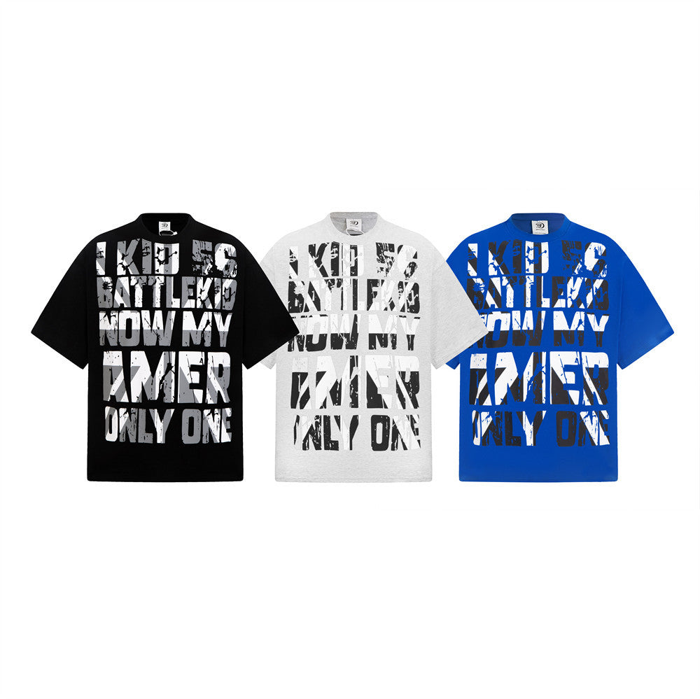 Men's oversized hip hop graphic t-shirt with distressed typography print in black, ash grey, and royal blue colorways