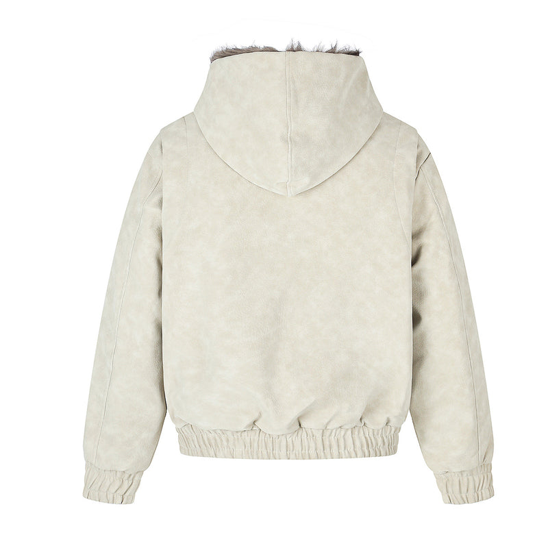 Military Button Bomber Jacket with Faux Fur Hood