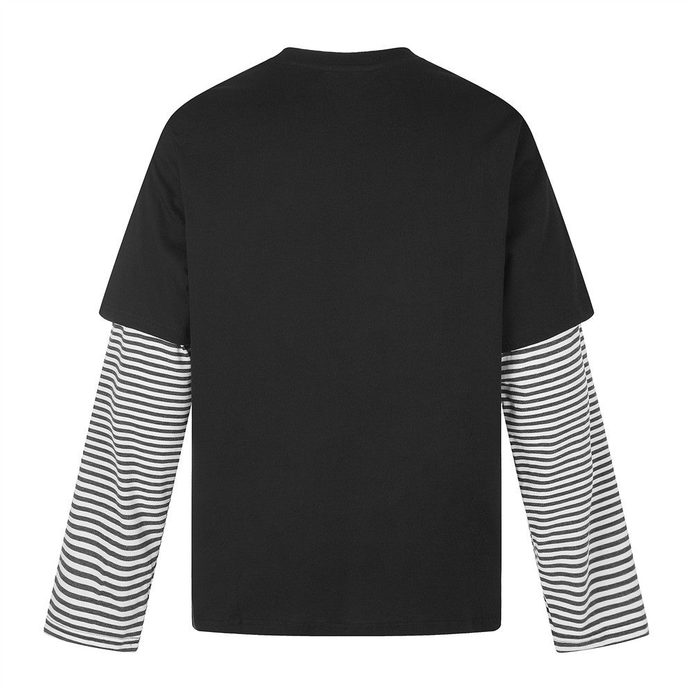 Faux-Layered Graphic Long Sleeve Tee with Black & White Striped Sleeves